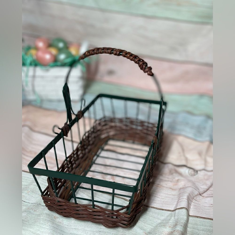 9” Wicker & Green Metal Rectangular Basket EPC Multifunctional Storage D… - Picture 2 of 10